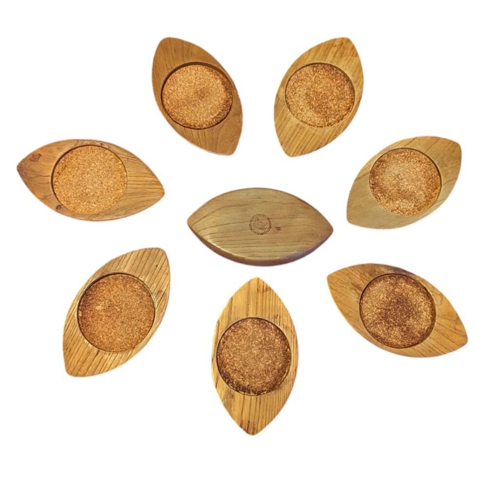 Mid Century Sere Wood Japan Set of 8 Vintage Cork Hand Carved Coasters MCM